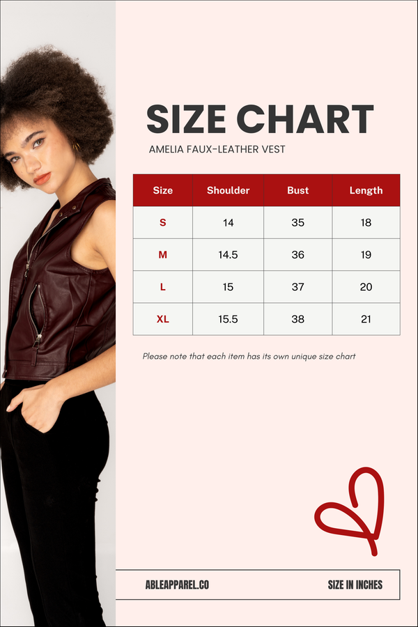 Size Chart for Amelia Faux-Leather Vest