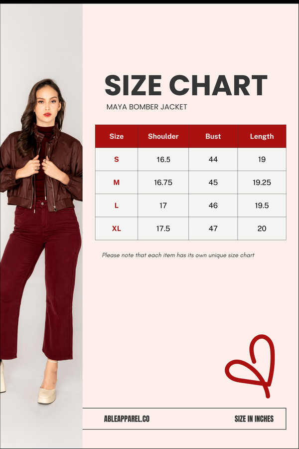 Size Chart for Maya Bomber Jacket
