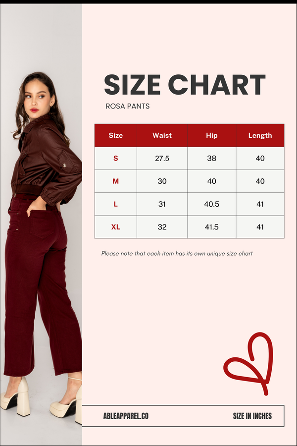 Size Chart for Rosa Pants