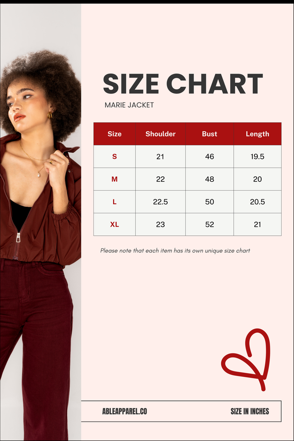Size Chart for Marie Jacket