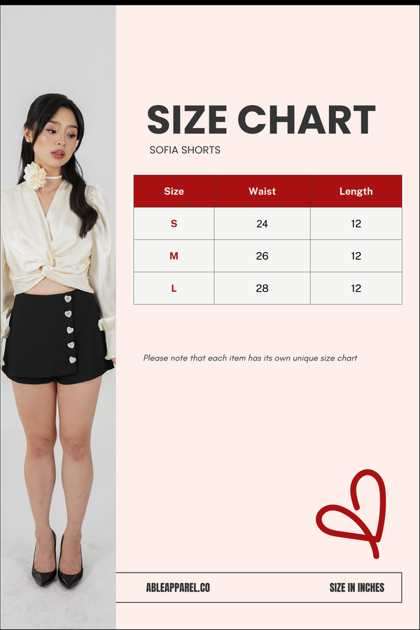 Size Chart for Sofia Shorts